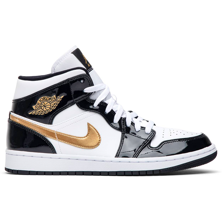 Tenis Air Jordan 1 Mid Patent Black White Gold