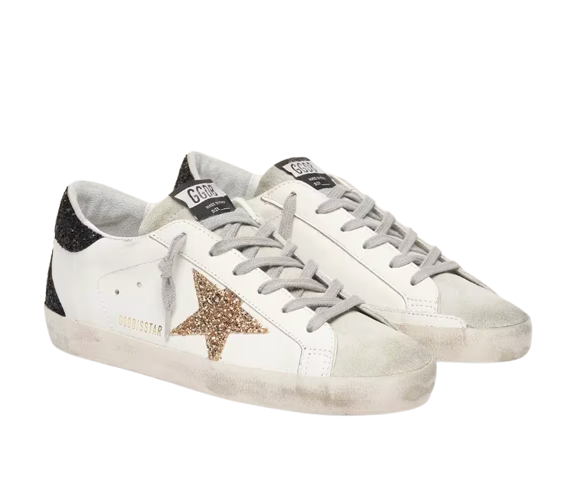 TENIS GOLDEN GOOSE SUPER-STAR IN NAPPA LEATHER WITH GOLD GLITTER STAR AND BLACK GLITTER