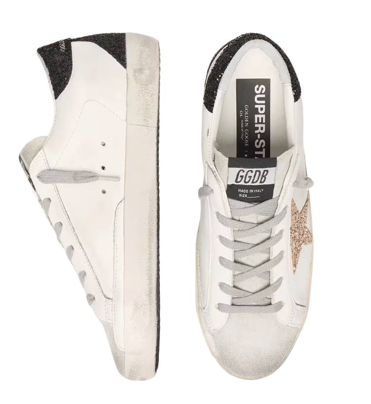 TENIS GOLDEN GOOSE SUPER-STAR IN NAPPA LEATHER WITH GOLD GLITTER STAR AND BLACK GLITTER