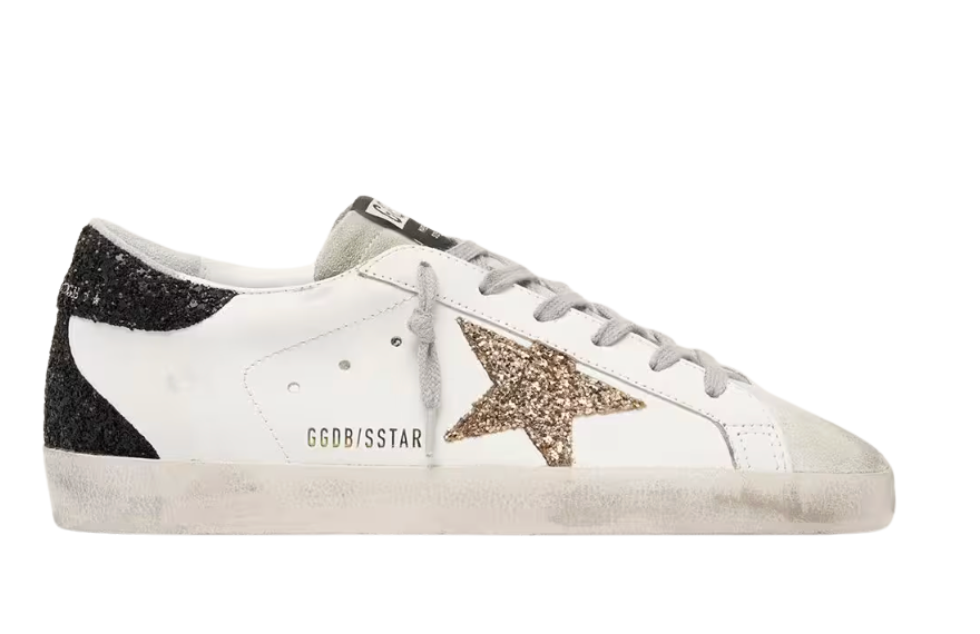 TENIS GOLDEN GOOSE SUPER-STAR IN NAPPA LEATHER WITH GOLD GLITTER STAR AND BLACK GLITTER 
